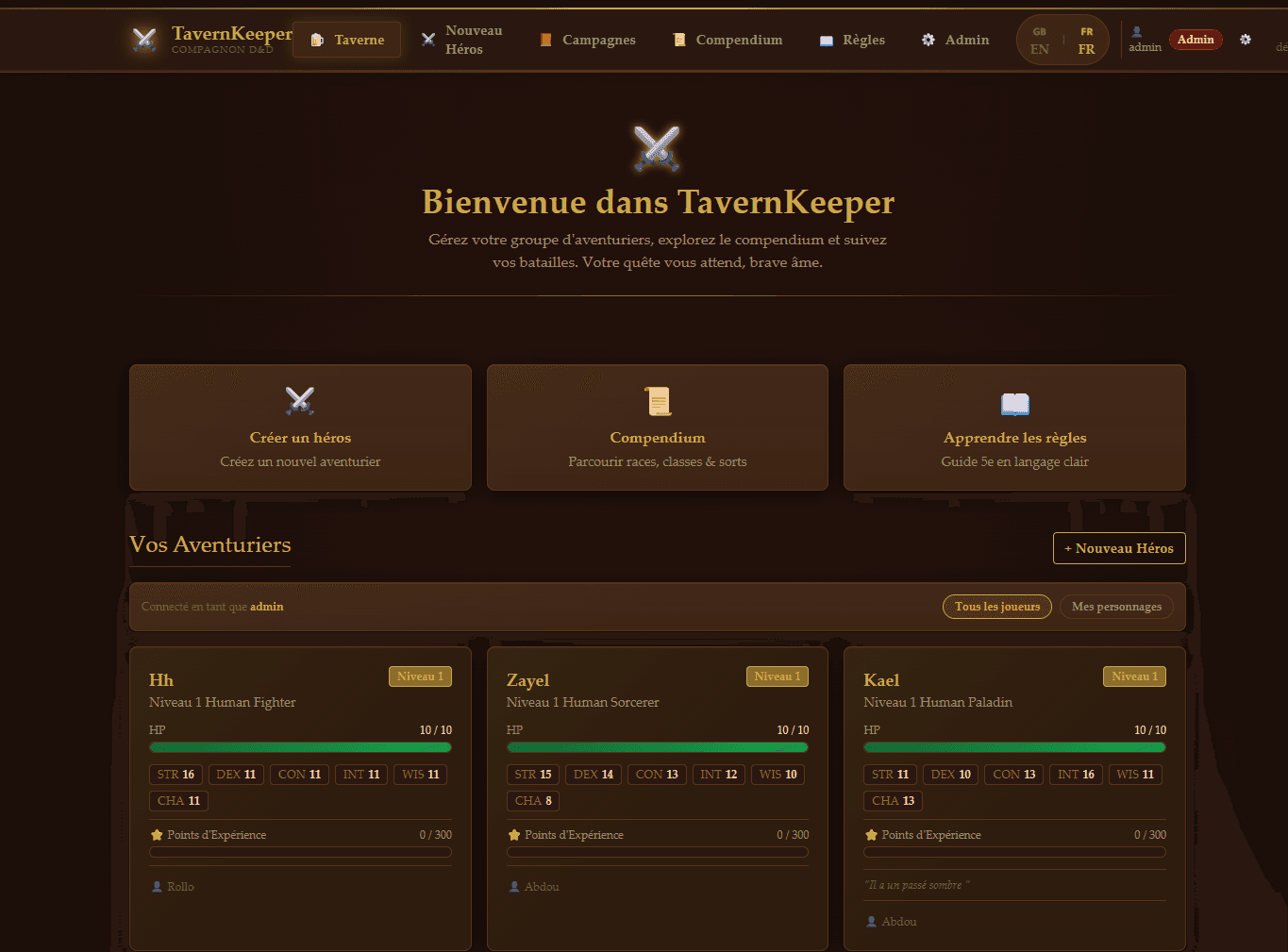 TavernKeeper — écran d'accueil de l'application D&D — screenshot 1
