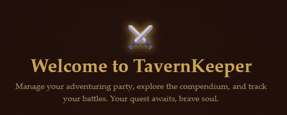 TavernKeeper — écran d'accueil de l'application D&D